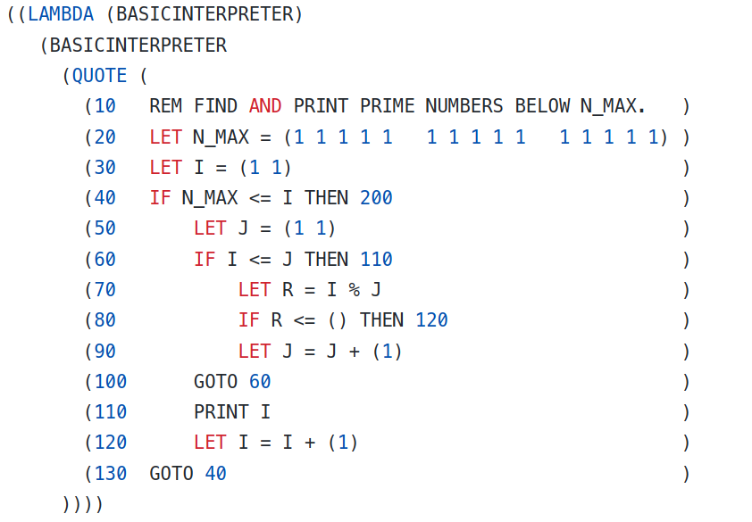 A screenshot of a BASIC interpreter written for SectorLISP.